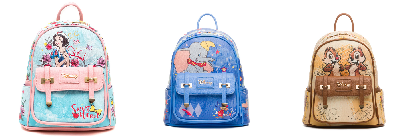 Side-by-side image of three Disney-themed mini backpacks featuring Snow White with floral accents, Dumbo with a circus star pattern, and Chip and Dale with a vintage-style background.