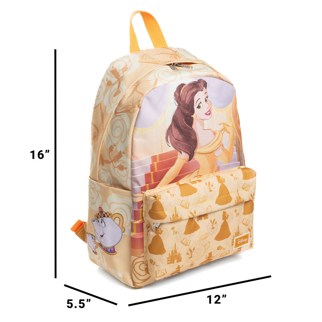 WondaPop Disney Princess Belle Backpack 16” Girls School Backpack with Laptop Sleeve, Front Pocket & Side Pockets, Beauty and the Beast Bookbag for