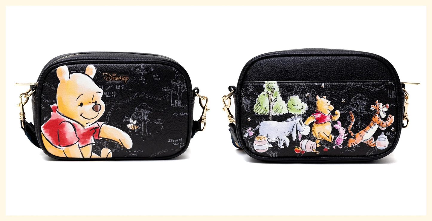 WondaPop Designer Series Winnie the Pooh Crossbody Shoulder Bag – stylish Disney handbag with playful Pooh-themed background, ideal for fans and collectors.