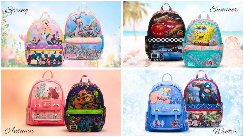 Disney and cartoon character backpacks for every season — Alice in Wonderland, Piglet, Cars, SpongeBob, Lady and the Tramp, Scooby-Doo, Dumbo, and Captain America designs.