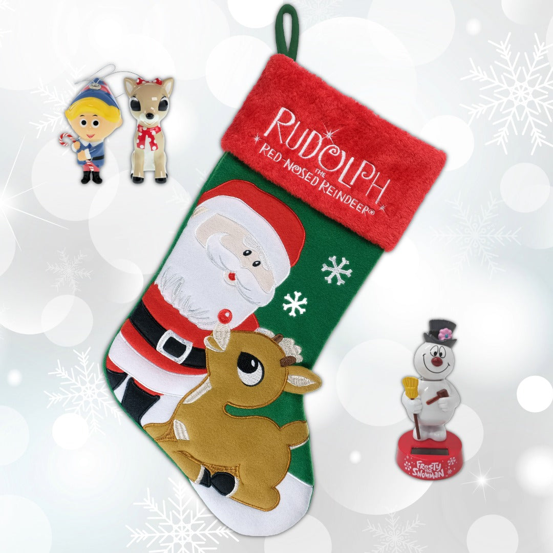Example of gifts and decor featuring Christmas classics: a Rudolph and Santa Holiday stocking; Frosty the Snowman solar bobblehead, and Hermey and Clarice ornaments