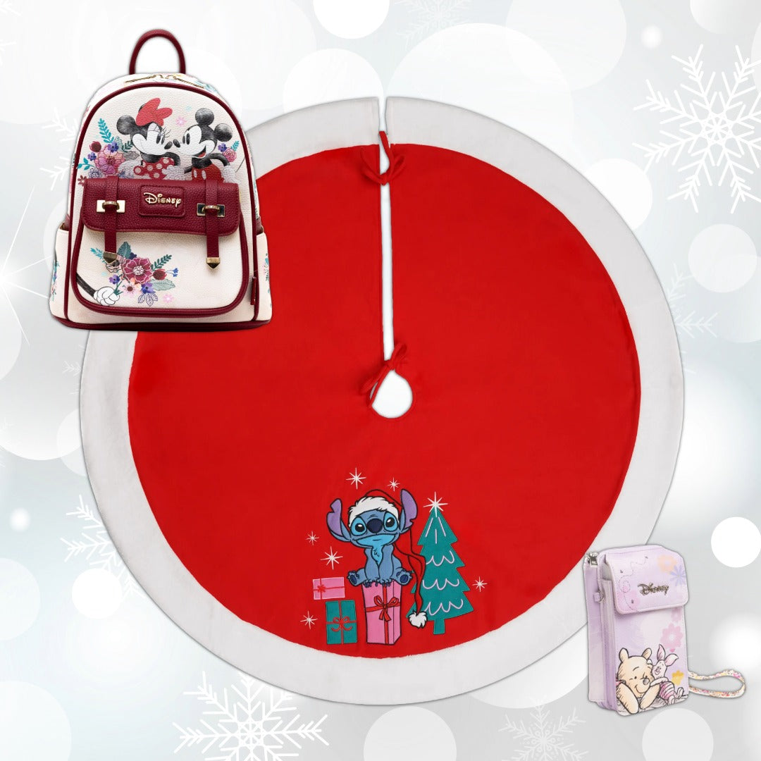 Examples of gifts and holiday decor for Disney fans: a Mickey and Minnie fashion backpack, Winnie the Pooh cell phone holder/wallet, and a Lilo and Stitch tree skirt