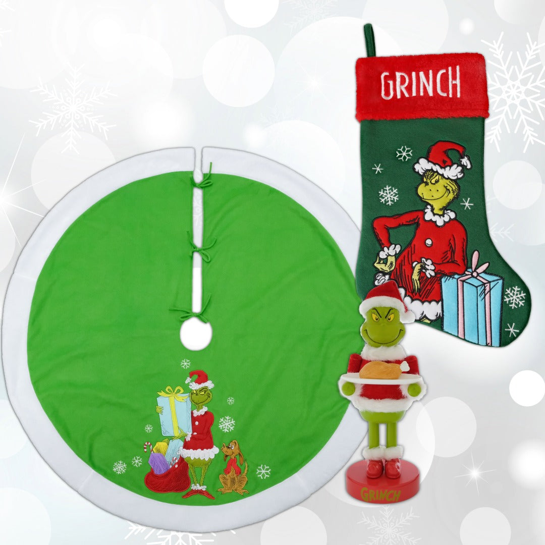 Examples of Grinch gifts and decor: a Grinch tree skirt, Grinch holiday stocking, and Grinch Nutcracker