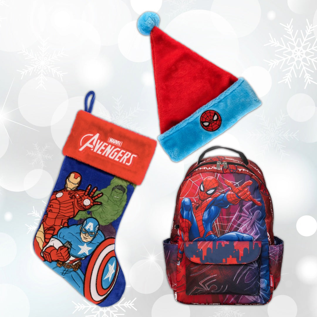 Examples of Marvel gifts and decor: a Spider-Man backpack, Spider-Man Sants Hat, and Avengers Christmas stocking