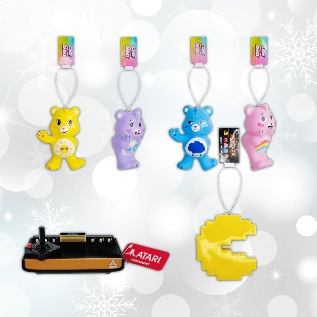 Examples of nostalgia based ornaments - an Atari, Pac-Man, and Care Bears