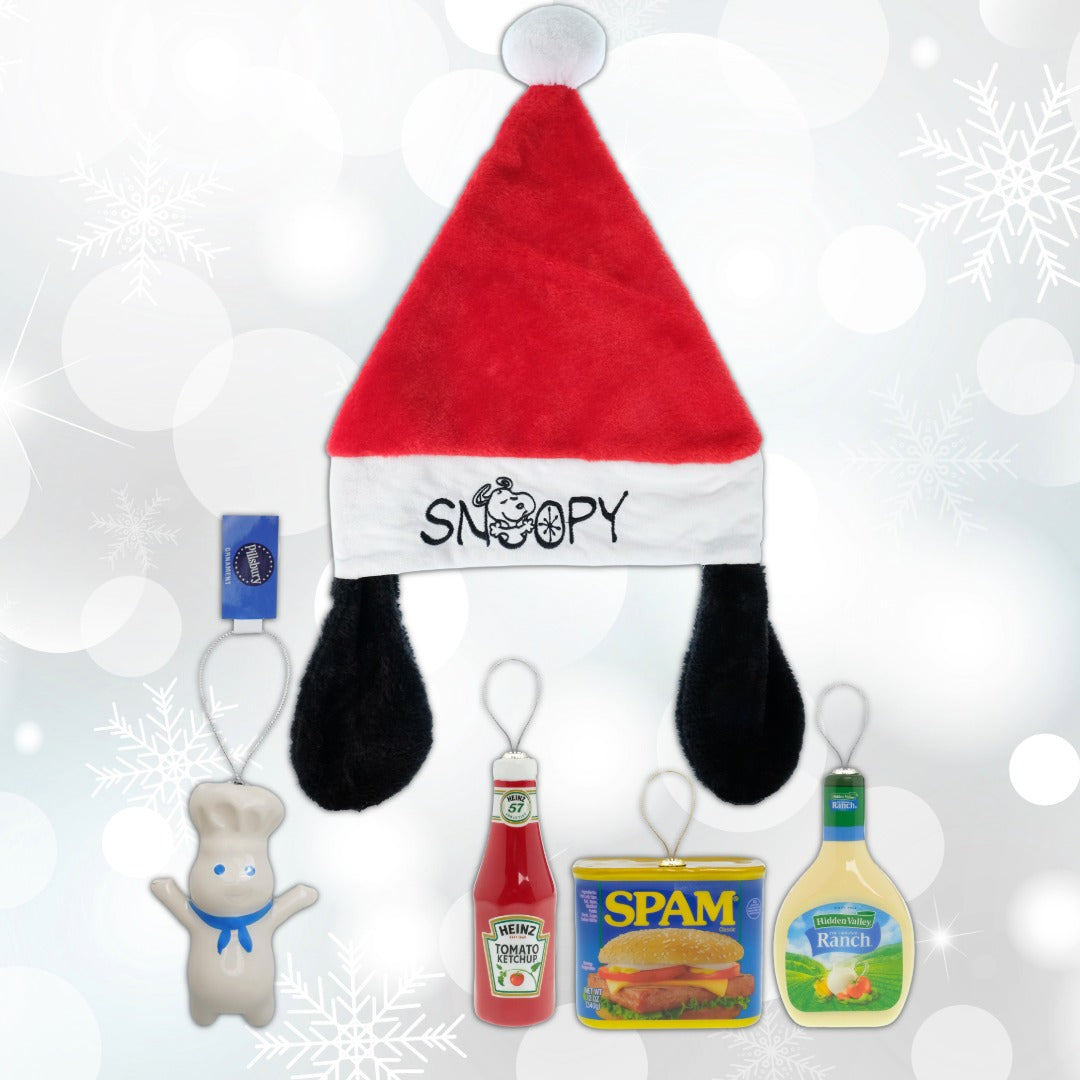 Examples of novelty items: a Snoopy hat with ears, Pillsbury doughboy ornament, and a set of Heinz Ketchup, Spam, and Hidden Valley Ranch ornaments