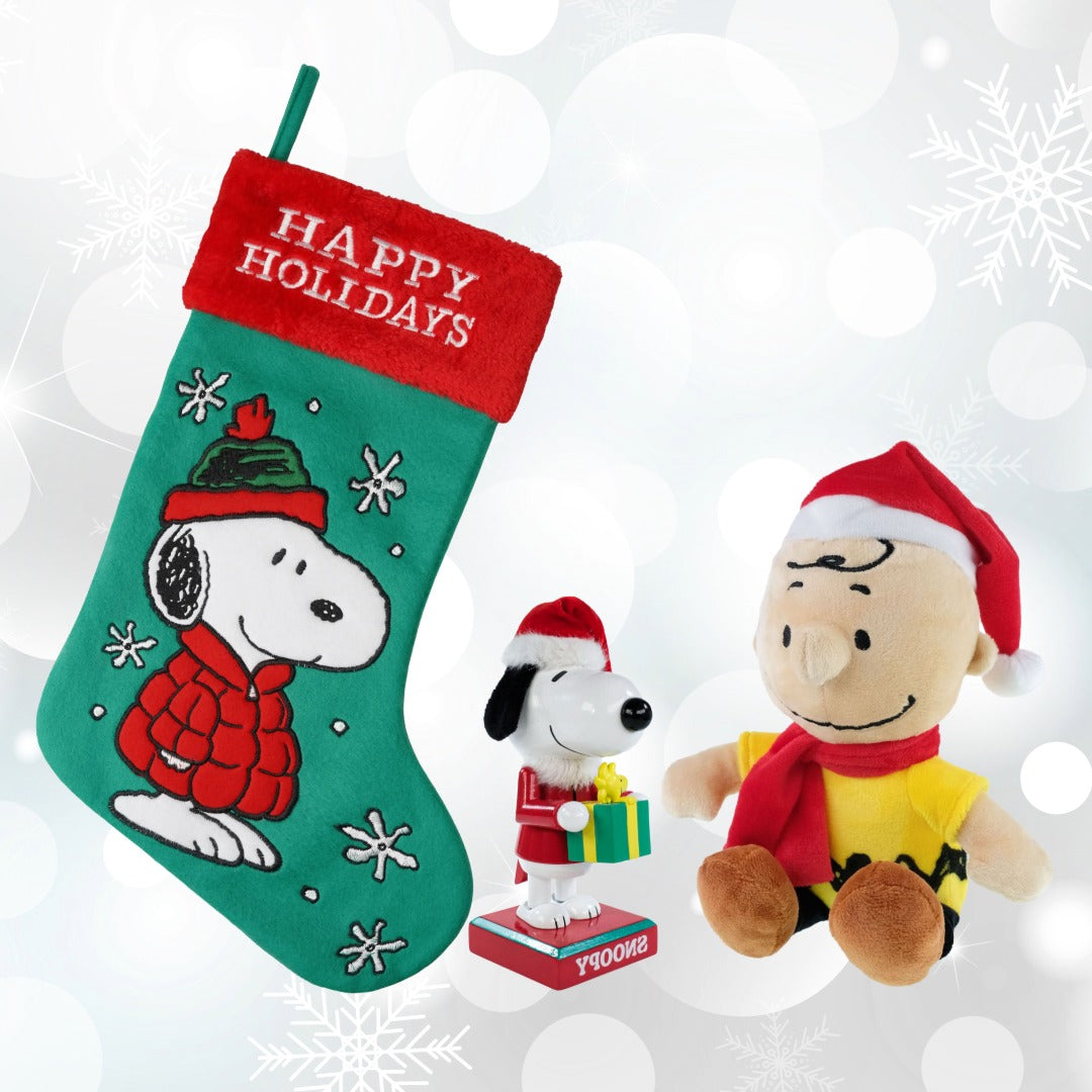 Examples of Peanuts decor and gifts: A Snoopy Christmas stocking, Snoopy Nutcracker, and Charlie Brown plush doll