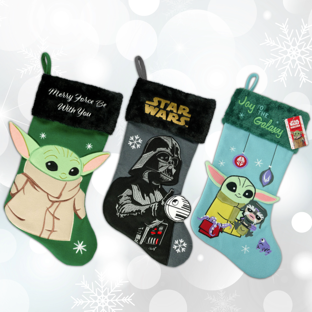 Best gifts for Star Wars fans featuring a Grogu Stocking, Darth Vader stocking, and another Grogu Stocking