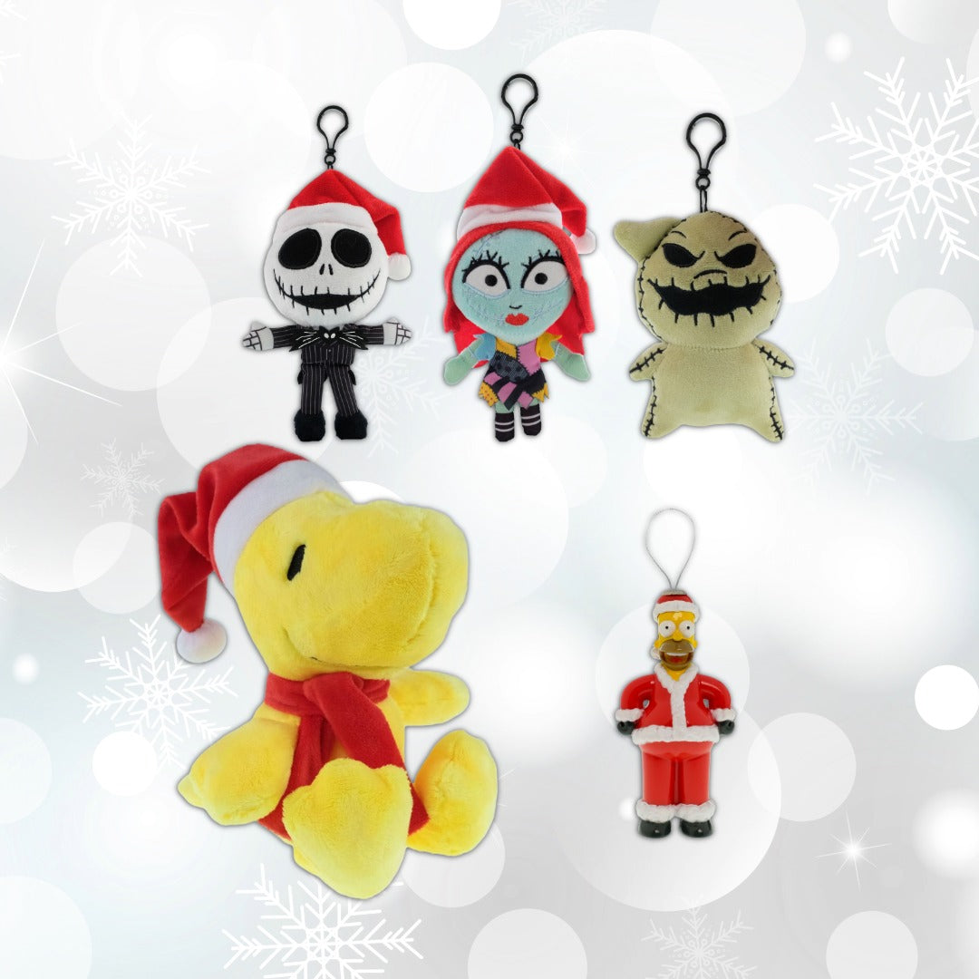 Examples of stocking stuffers: Nightmare Before Christmas bag charms, Home Simpson ornament, and a Woodstock plush
