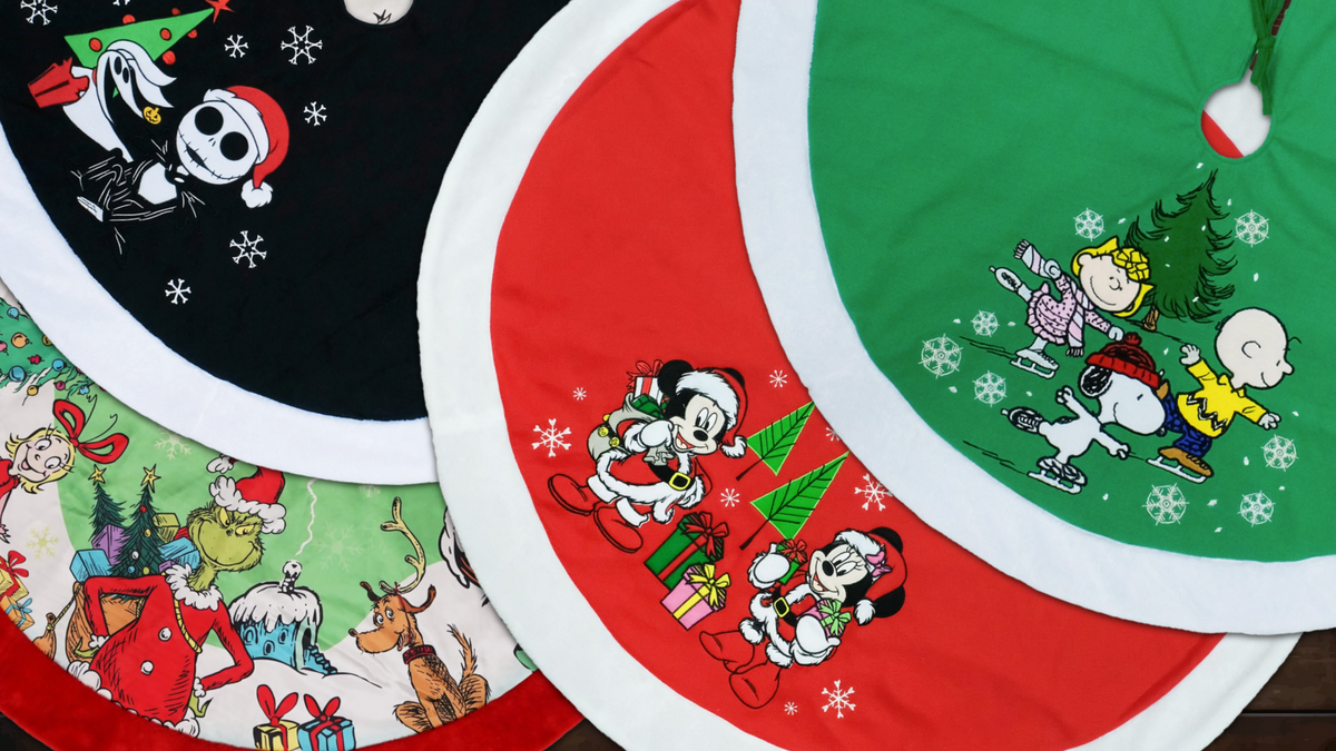 Examples of Christmas tree skirts from Nightmare Before Christmas, Peanuts, Mickey and Minnie Mouse, and How the Grinch Stole Christmas