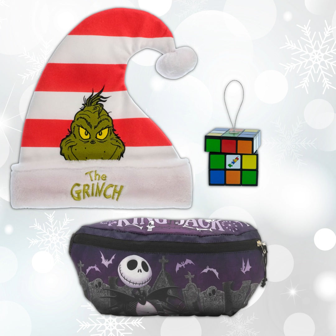 Examples of holiday decor and gifts for under $25: a Grinch hat, Jack Skellington hip pack, and Rubik's cube ornament