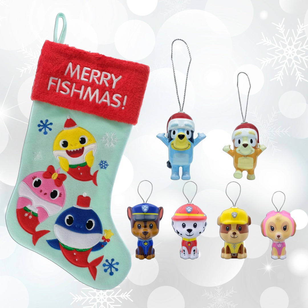 Examples of kid's gifts and decor: Baby Shark stocking, Bluey and Bingo ornaments, and Paw Patrol ornaments