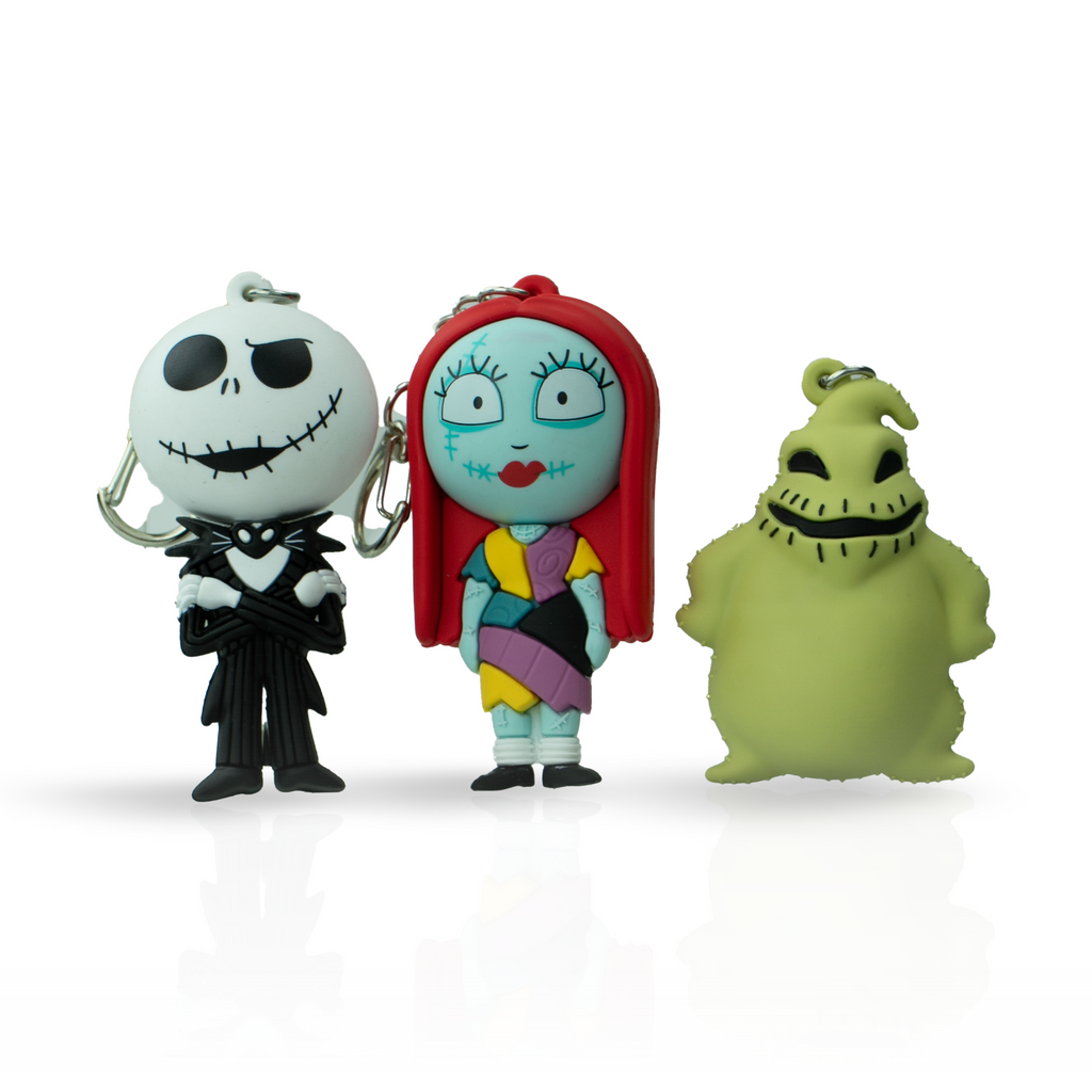 Disney The Nightmare Before Christmas 3-pack of solid rubber keychains featuring Jack, Sally, and Oogie Boogie