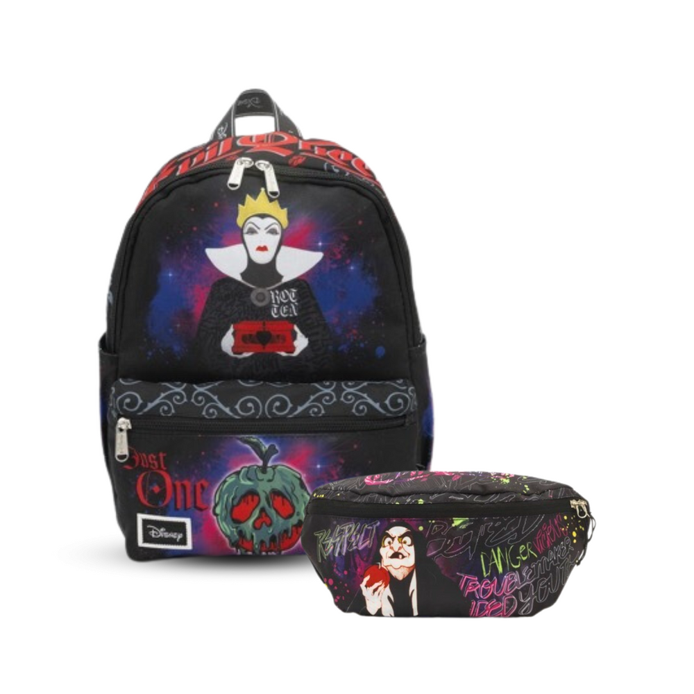 Disney Snow White - Evil Queen 13-inch Nylon Backpack and Collapsible Hip Pack Bundle