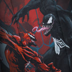 Close-up of WondaPop Marvel Venom 16" School Backpack's back featuring a comic-style battle scene between Venom and Carnage, on a red and dark background.