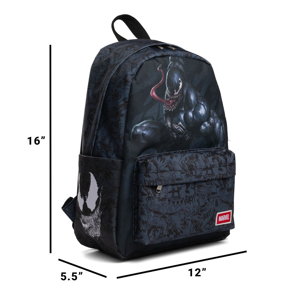 Marvel Venom backpack shown with dimension lines indicating 16 inches tall, 12 inches wide, and 5.5 inches deep on a white background.