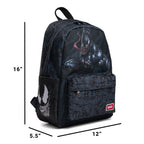 Marvel Venom backpack shown with dimension lines indicating 16 inches tall, 12 inches wide, and 5.5 inches deep on a white background.