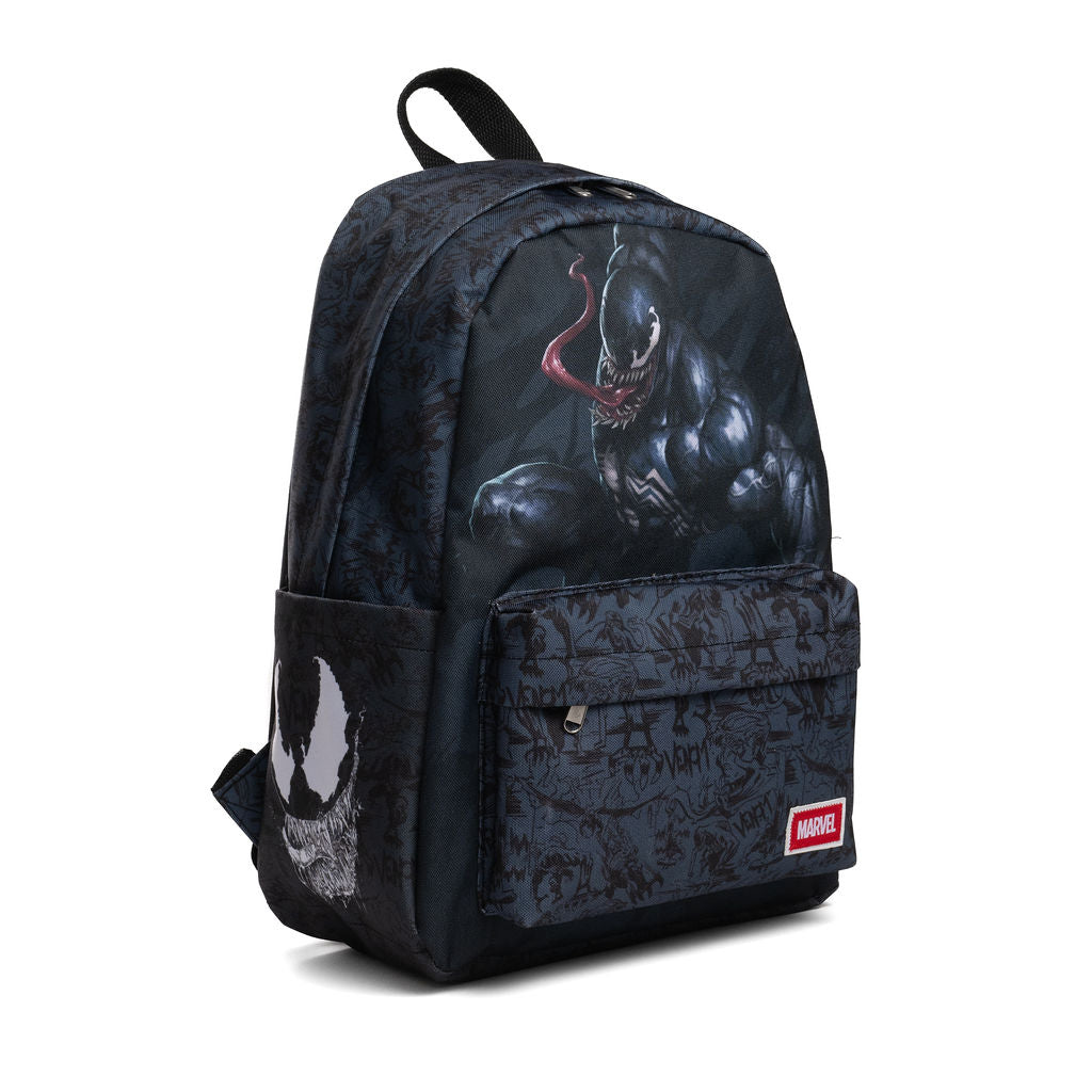 Marvel Venom backpack in black and charcoal featuring a large graphic of Venom on the front pocket and a red Marvel brand label.