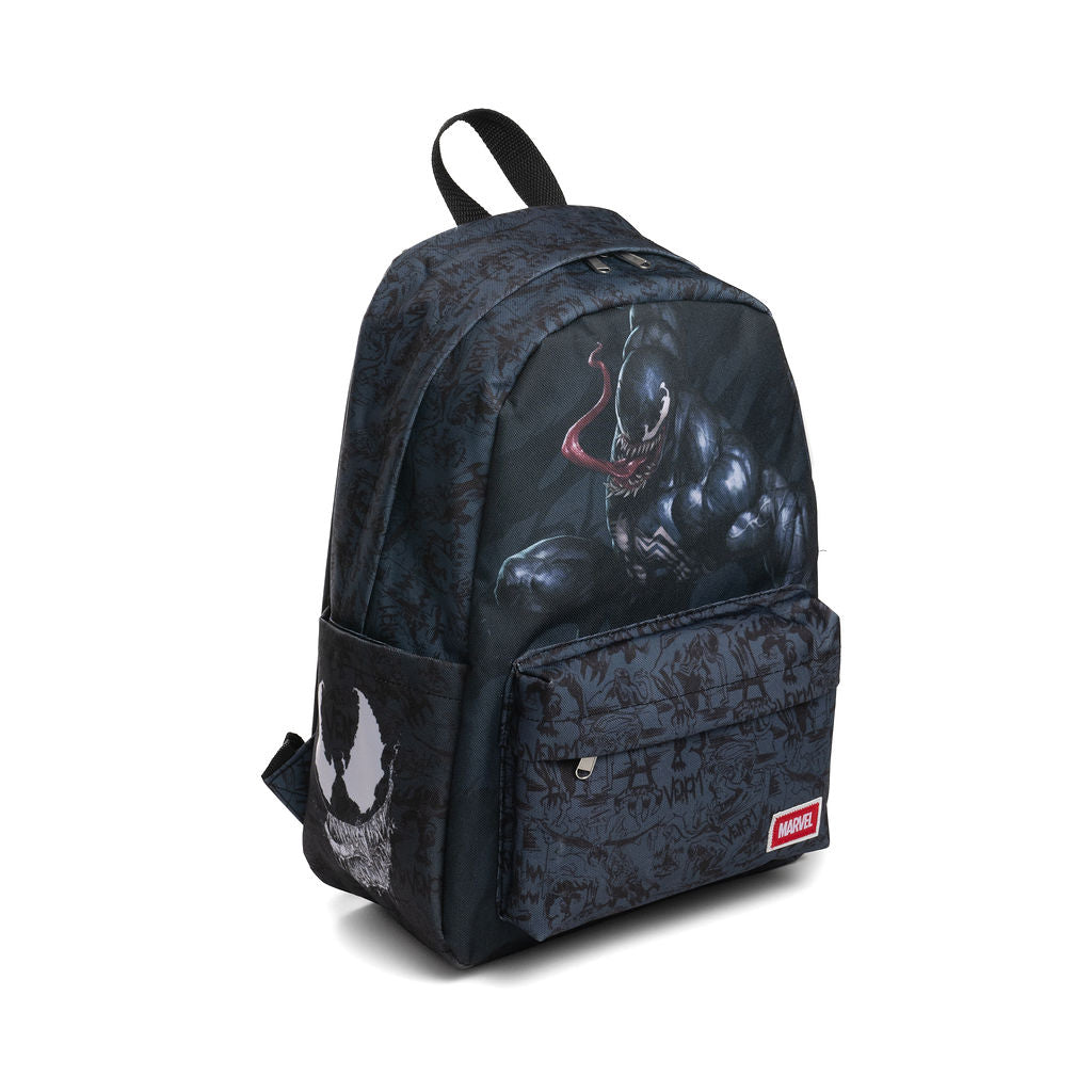Black and charcoal backpack featuring Marvel's Venom depicted above the front pocket and visible Marvel patch on bottom left. Backpack includes large main compartment with top handle, large front pocket and side pocket. 