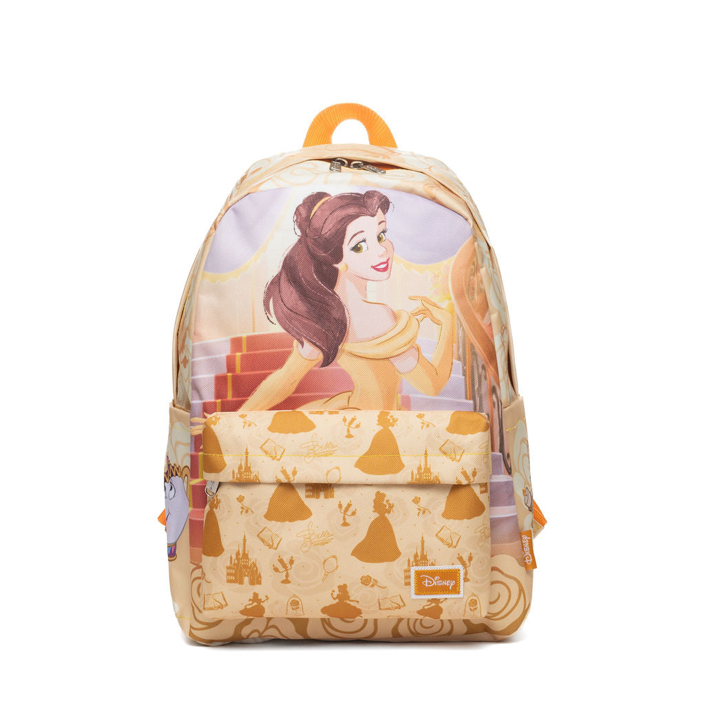 Disney's Beauty and the Beast backpack featuring Belle on the front, a patterned front pocket with castle and Belle motifs, and a dark yellow top handle, shown on a white background.