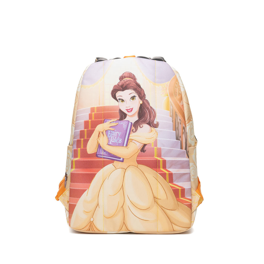 A Disney-themed backpack featuring Belle from Beauty and the Beast on the back, wearing her signature yellow gown and holding a purple 'Fairy Tales' book, set against a clean white background.