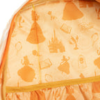 Close-up of a Disney-themed backpack lining featuring illustrations of Belle, castles, roses, and other Beauty and the Beast motifs.