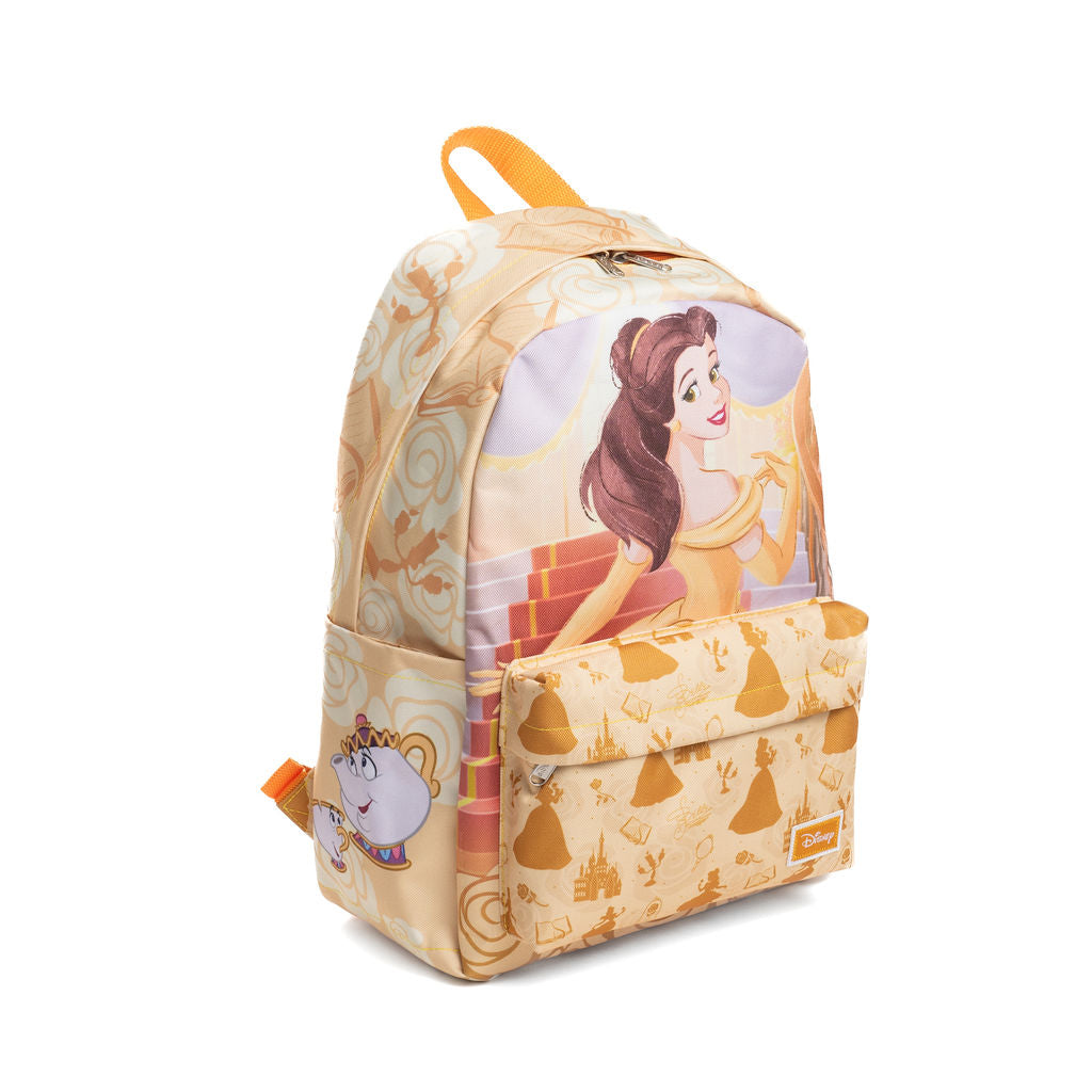 A Disney Beauty and the Beast themed backpack in a warm beige and yellow color palette, featuring character prints of Belle on the front and Mrs. Potts with Chip on the right side pocket, with a deep yellow top handle. 