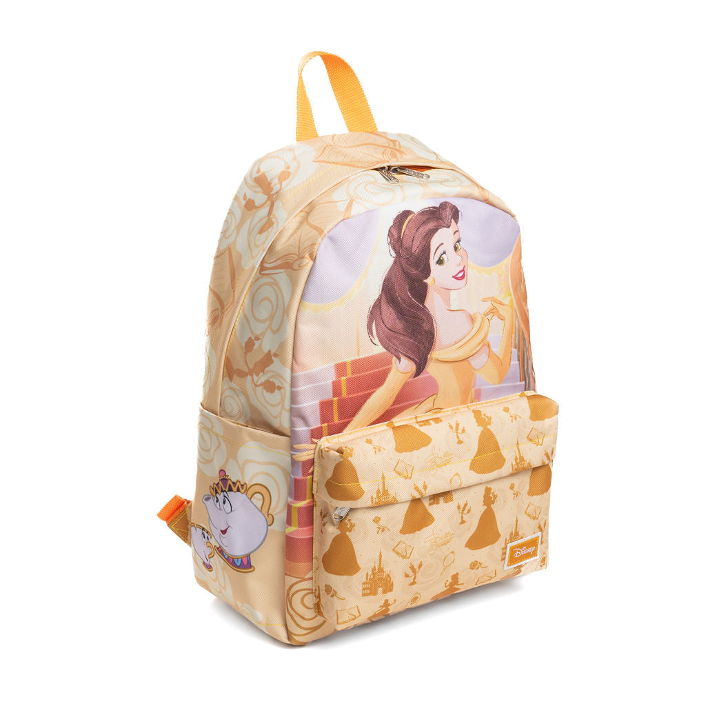 A Disney Beauty and the Beast themed backpack featuring Belle on the front pocket and a pattern of castle silhouettes and motifs. The backpack has a light yellow base color with yellow and orange accents, and Mrs. Potts and Chip can be seen on the right side pocket.