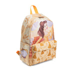 A Disney Beauty and the Beast themed backpack featuring Belle on the front pocket and a pattern of castle silhouettes and motifs. The backpack has a light yellow base color with yellow and orange accents, and Mrs. Potts and Chip can be seen on the right side pocket.