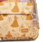Close-up of a Disney backpack featuring a beige and dark yellow pattern with character silhouettes and motifs, including Belle, and a visible Disney logo patch.