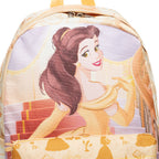 A close up of a Disney Belle backpack featuring an illustration of Princess Belle on the front, with a yellow-patterned base and a matching patterned front pocket.