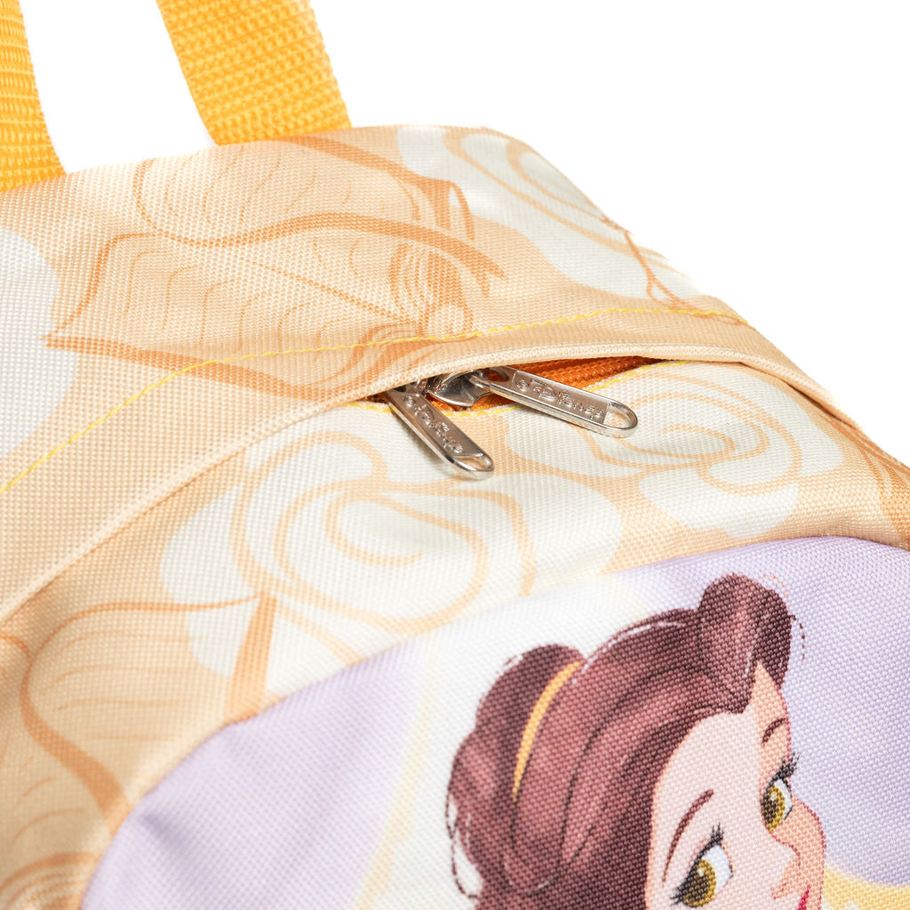 Close-up of a Disney-themed backpack featuring Belle's face on the front, a gold zipper with silver-colored pull, and a dark yellow top handle against a white background.
