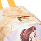 Close-up of a Disney-themed backpack featuring Belle's face on the front, a gold zipper with silver-colored pull, and a dark yellow top handle against a white background.