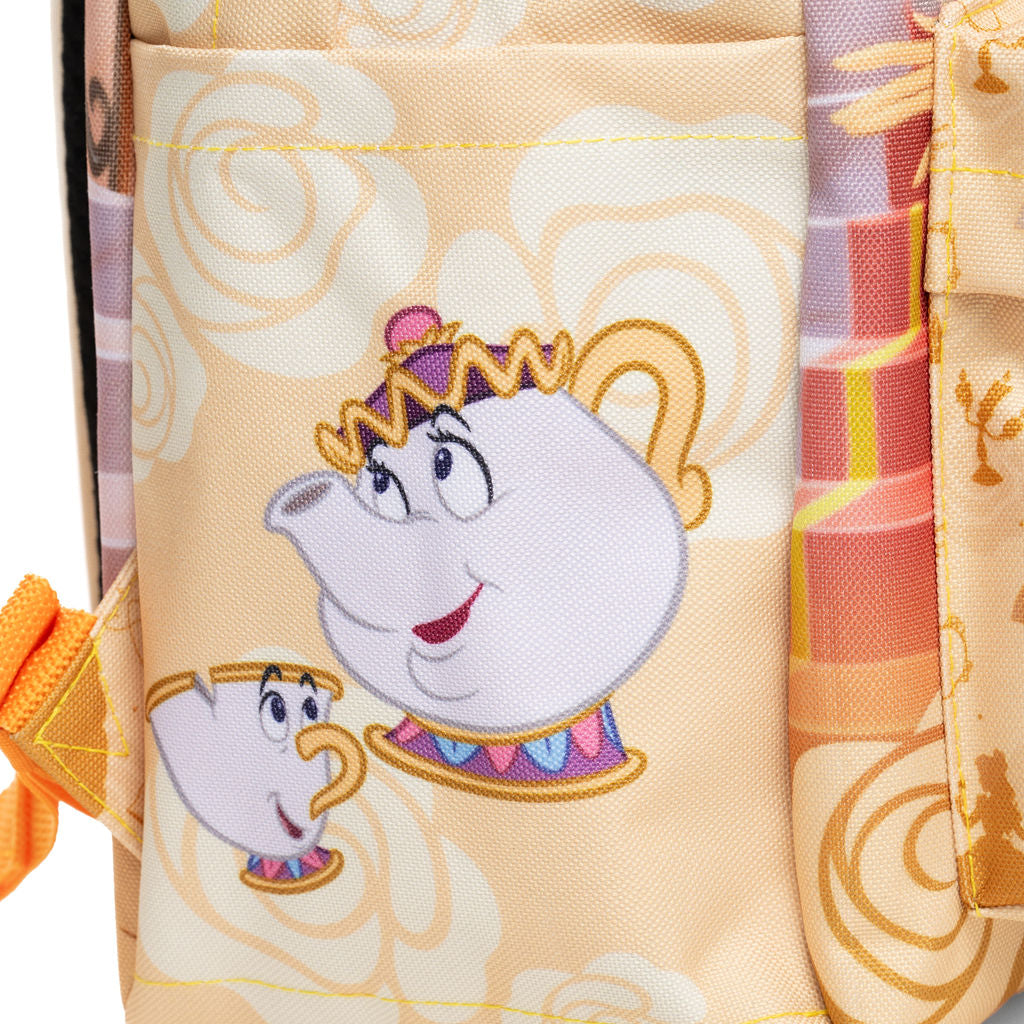 Close-up of WondaPop Disney Belle - Beauty and the Beast 16" School Backpack's right side pocket featuring Mrs. Potts and Chip from Beauty and the Beast.