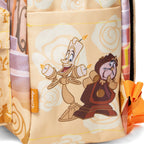 Close-up of WondaPop Disney Belle - Beauty and the Beast 16" School Backpack's left side pocket featuring a printed illustration of Lumiere and Cogsworth, plus a visible Disney tag.