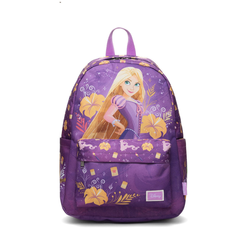A purple Disney Rapunzel backpack featuring a graphic of Rapunzel with yellow flowers and decorative patterns, shown on a white background.