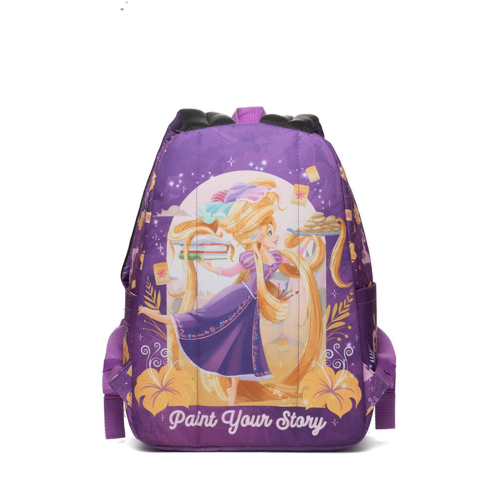 The back of a purple school backpack featuring a graphic of Rapunzel with her long golden hair, surrounded by decorative gold and white floral patterns and the text 'Paint Your Story' at the bottom.