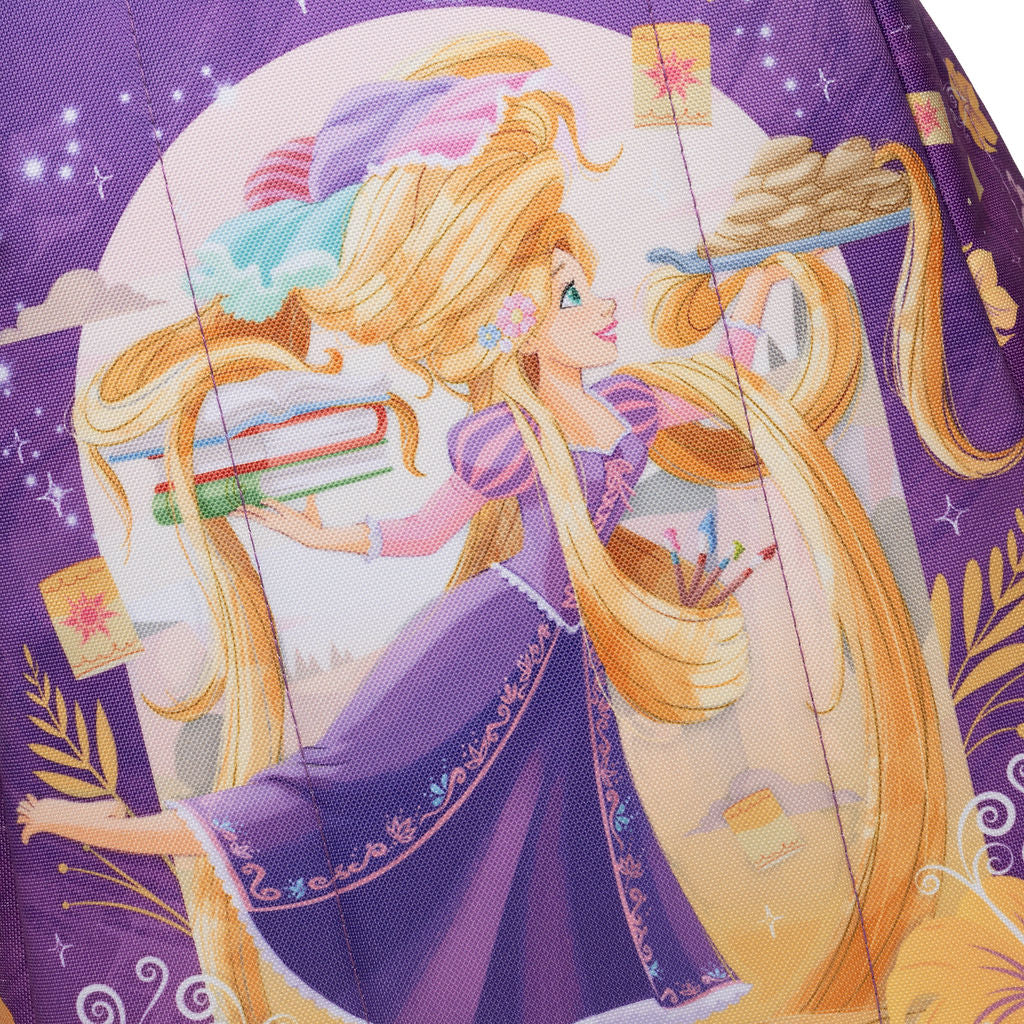 A close-up of the back of WondaPop Disney Rapunzel - Tangled 16" School Backpack printed with an illustration of Rapunzel from Tangled, featuring her long blonde hair, purple dress, and books.