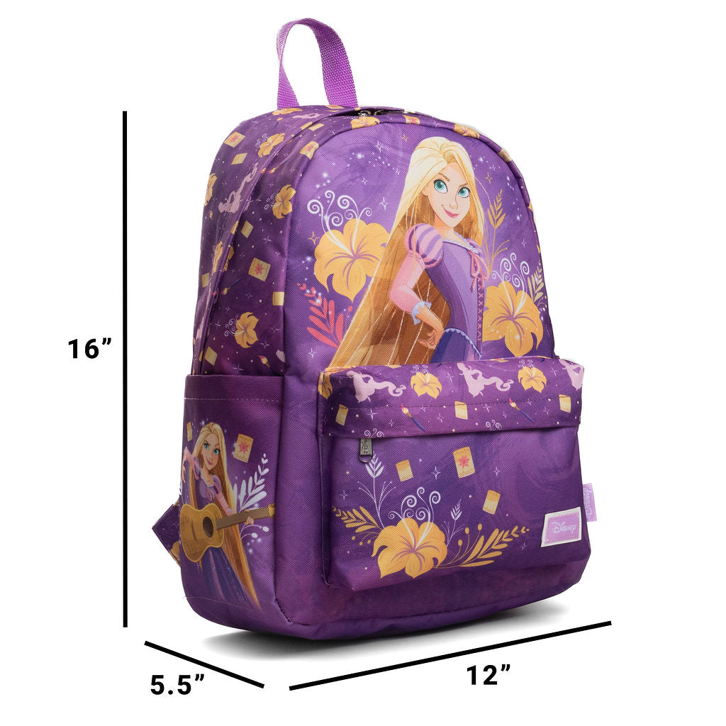 A purple Disney Rapunzel backpack with dimension lines showing measurements of 16 inches in height, 12 inches in width, and 5.5 inches in depth, on a white background.