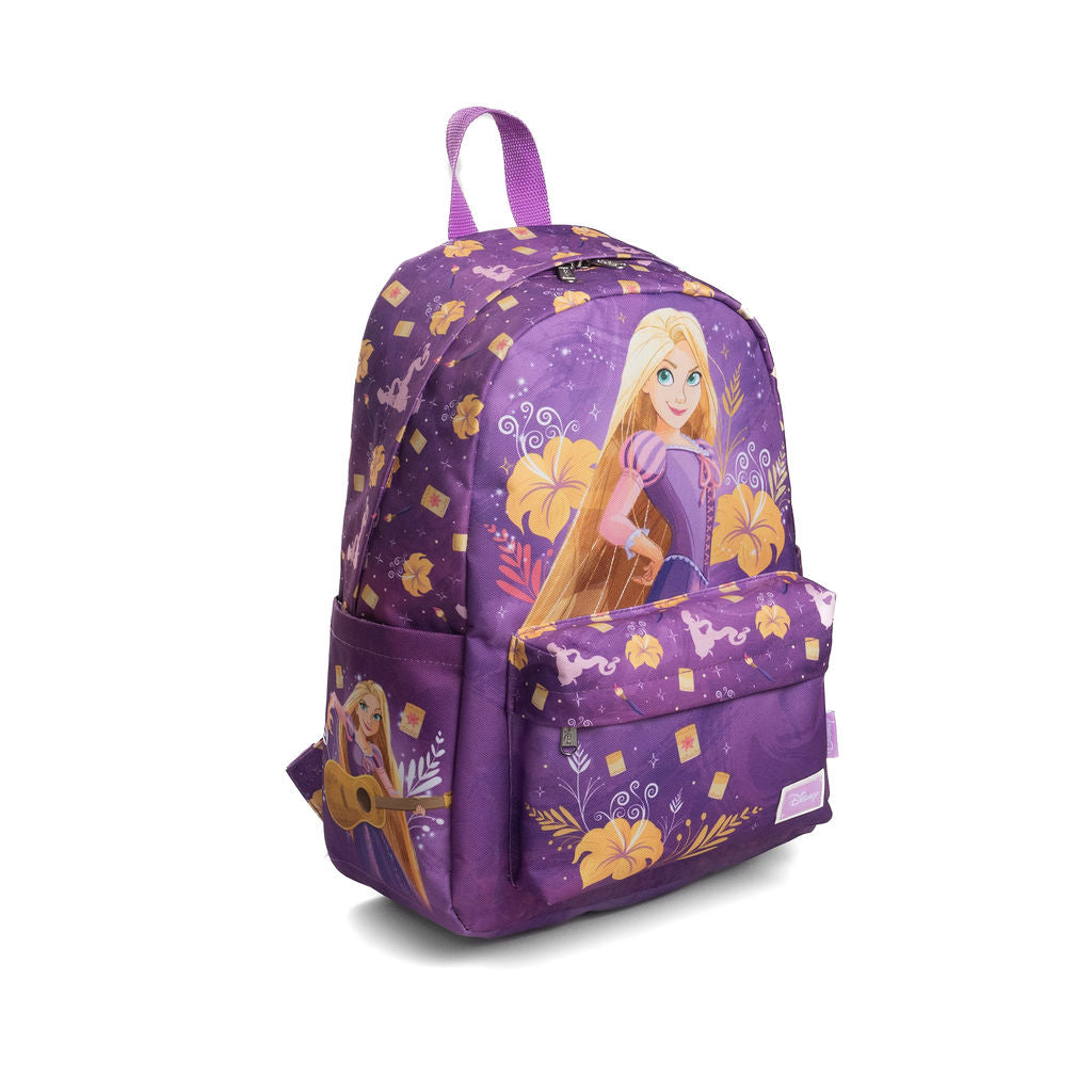 A purple Disney Rapunzel backpack featuring a large graphic of Rapunzel above the front pocket, surrounded by yellow flowers and gold squares on a white background.