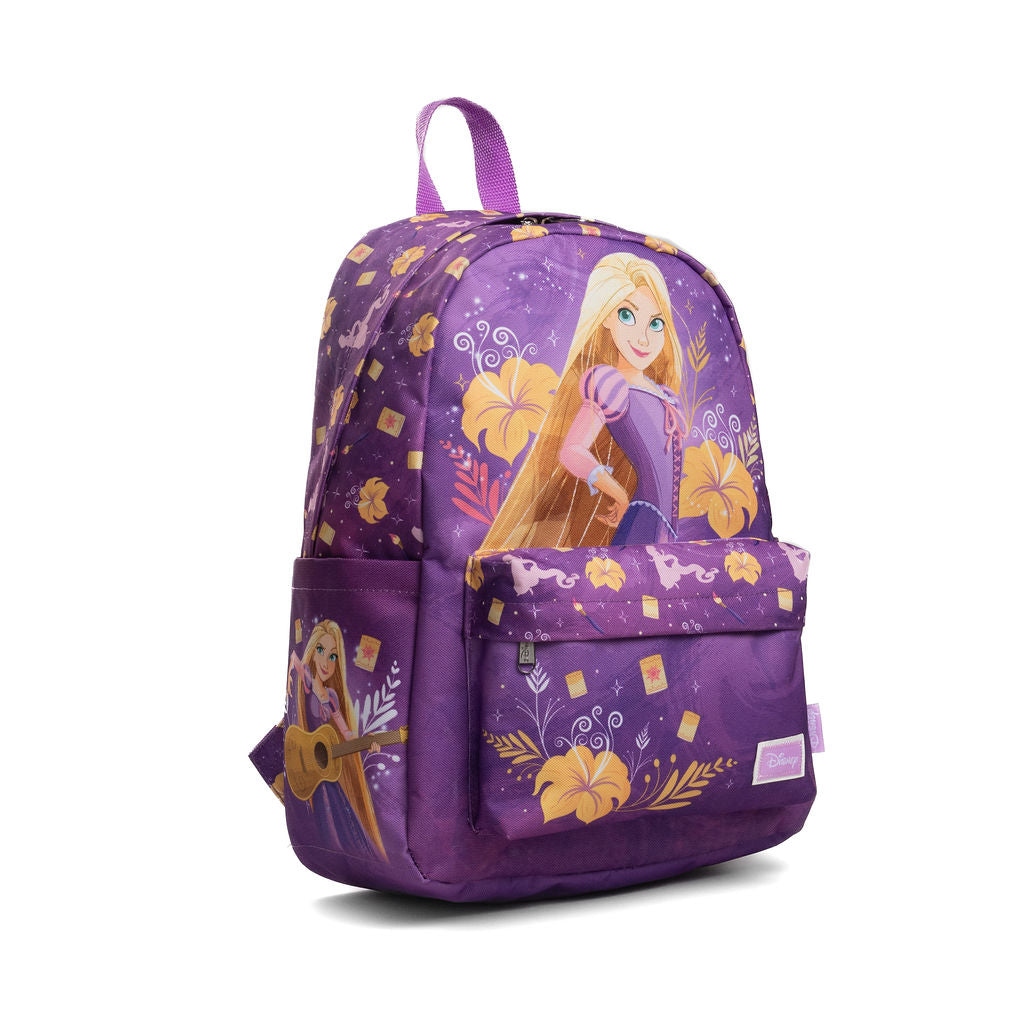 A purple Disney Rapunzel backpack with a floral and character print, featuring a top handle, main compartment, and a front zippered pocket.