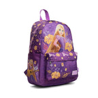 A purple Disney Rapunzel backpack with a floral and character print, featuring a top handle, main compartment, and a front zippered pocket.