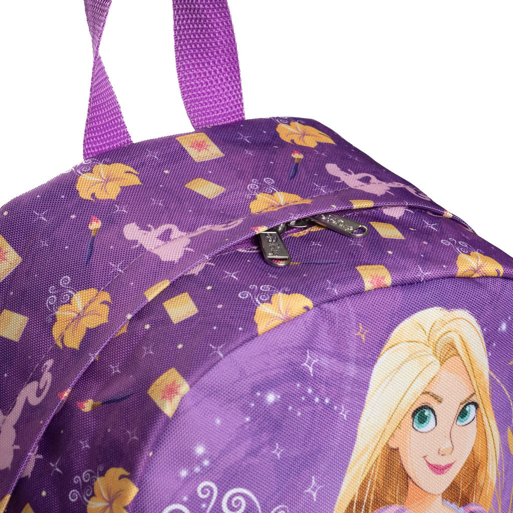 A close-up of the top of a purple Disney-themed backpack featuring Rapunzel's face, yellow flowers, and fairy patterns, with a purple zipper and silver-colored pull.