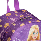 A close-up of the top of a purple Disney-themed backpack featuring Rapunzel's face, yellow flowers, and fairy patterns, with a purple zipper and silver-colored pull.