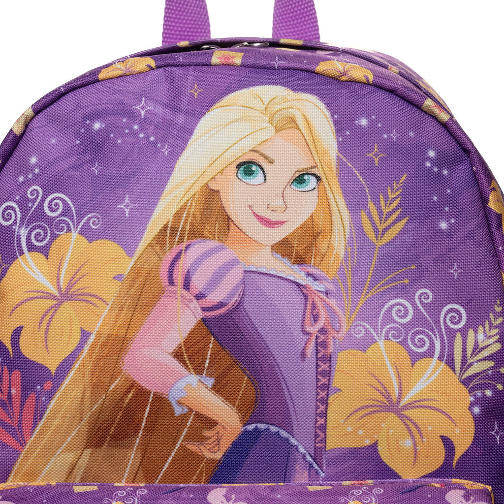 A close up of a purple Disney Rapunzel school backpack featuring a colorful graphic print of Rapunzel with her long blonde hair, set against a white background.