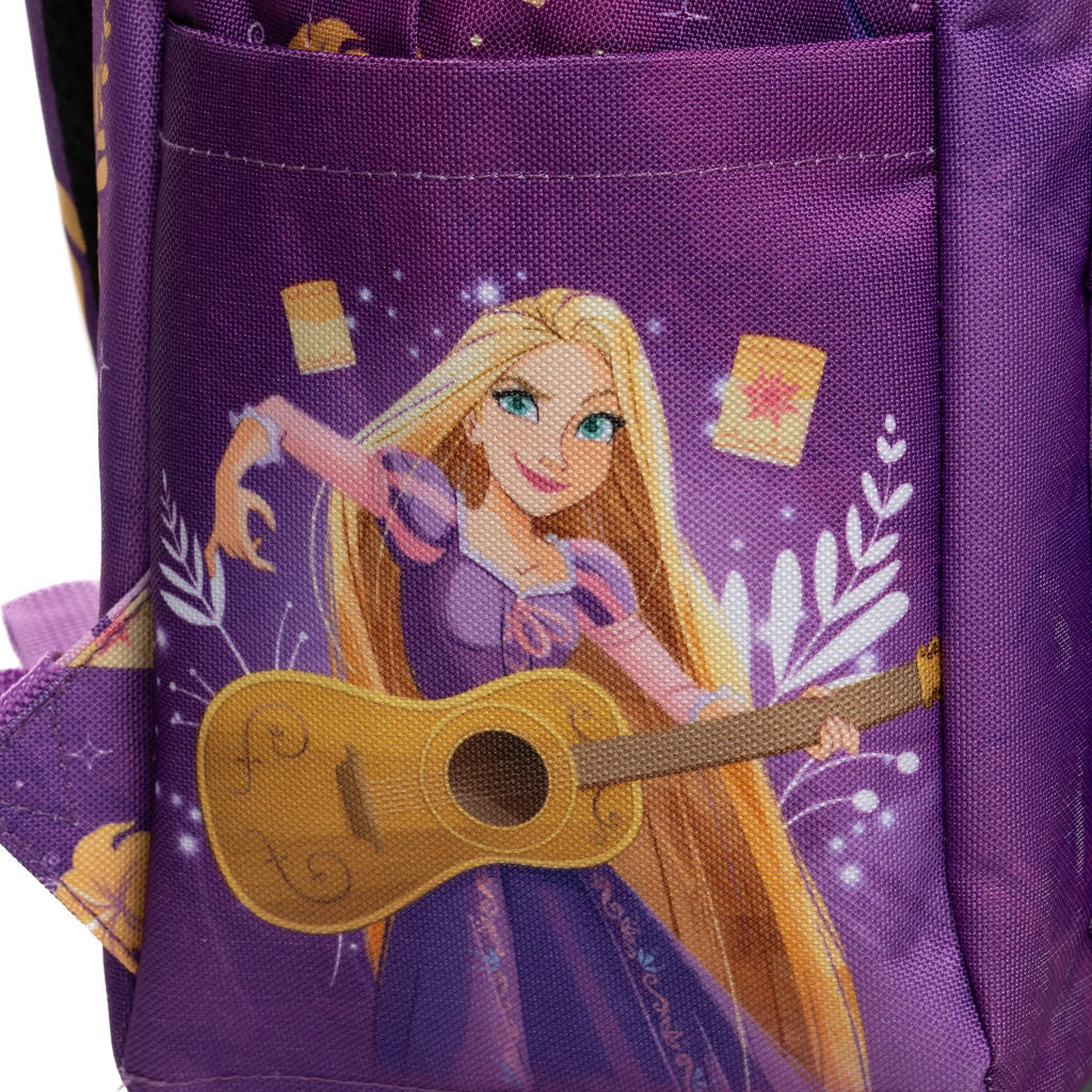 A close-up of WondaPop Disney Rapunzel - Tangled 16" School Backpack's right side pocket featuring a printed illustration of Rapunzel from Tangled, holding a yellow guitar, with her long blonde hair and purple dress.