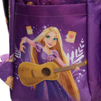 A close-up of WondaPop Disney Rapunzel - Tangled 16" School Backpack's right side pocket featuring a printed illustration of Rapunzel from Tangled, holding a yellow guitar, with her long blonde hair and purple dress.
