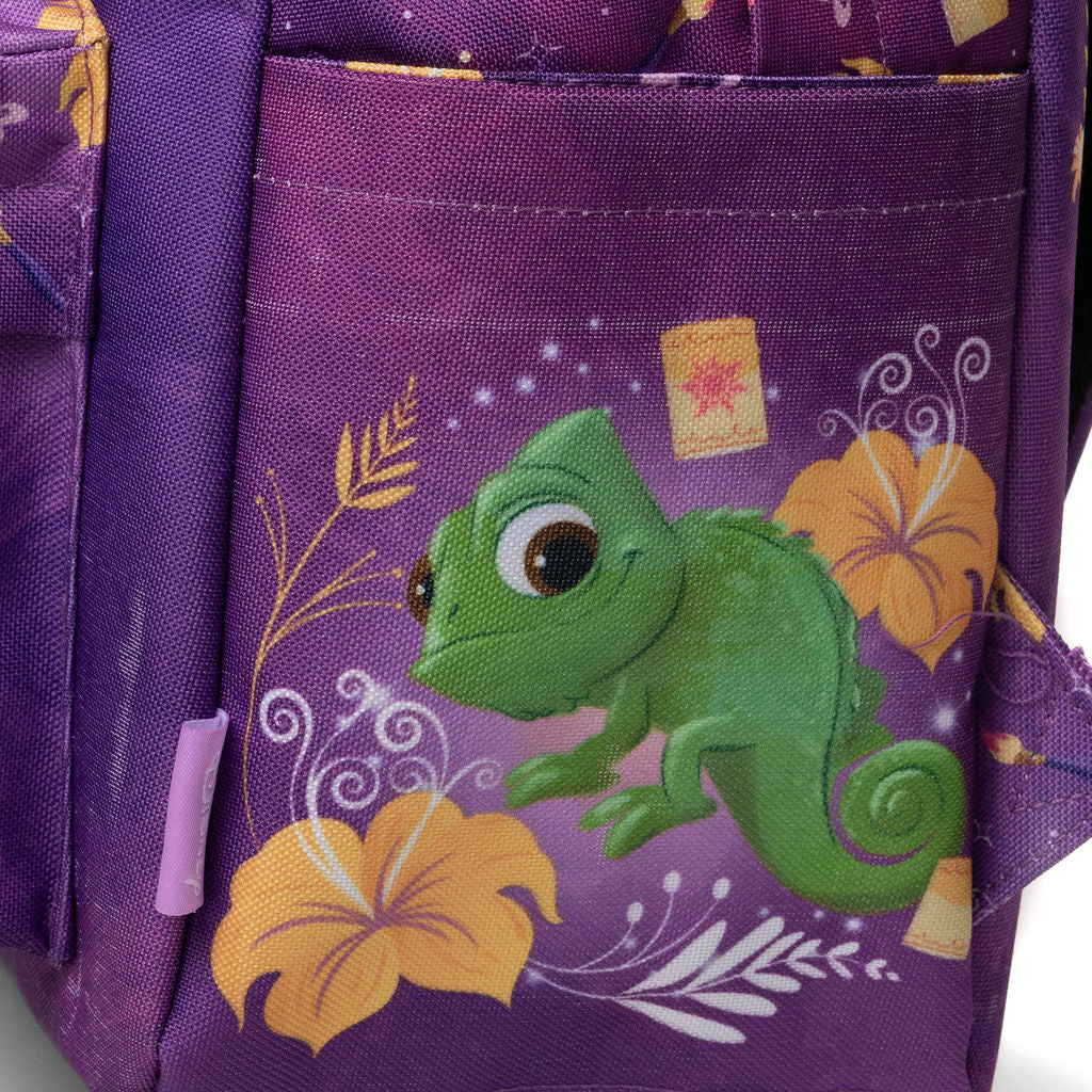 Close-up of WondaPop Disney Rapunzel - Tangled 16" School Backpack's left side pocket featuring Pascal from Tangled and yellow hibiscus flower print.