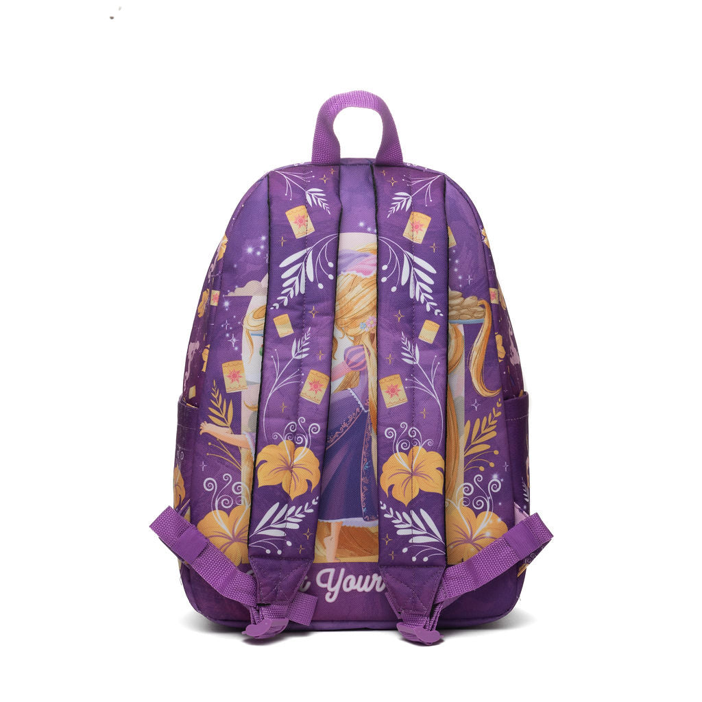 WondaPop Disney Rapunzel - Tangled 16" School Backpack back with straps featuring a yellow flower pattern on a purple background. 