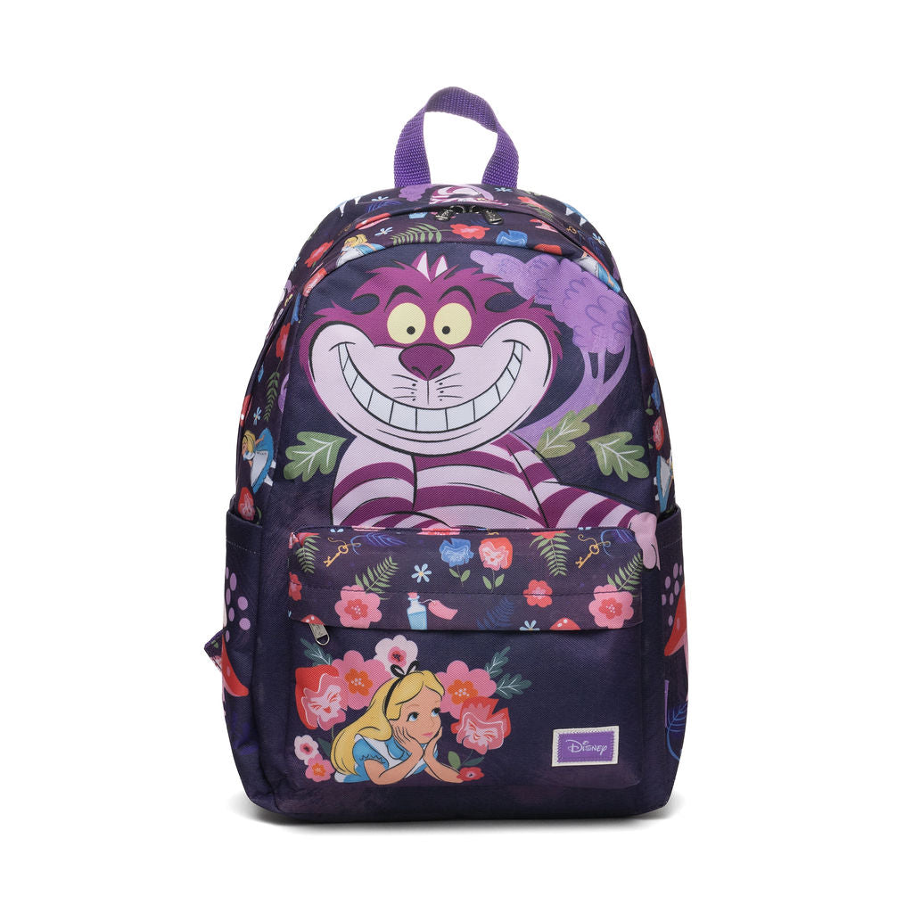 A Disney-themed school backpack featuring Alice in Wonderland characters, including the Cheshire Cat and Alice, in a floral print on a dark purple background. The backpack has a top carrying handle, a front zippered pocket, and a visible Disney logo patch.